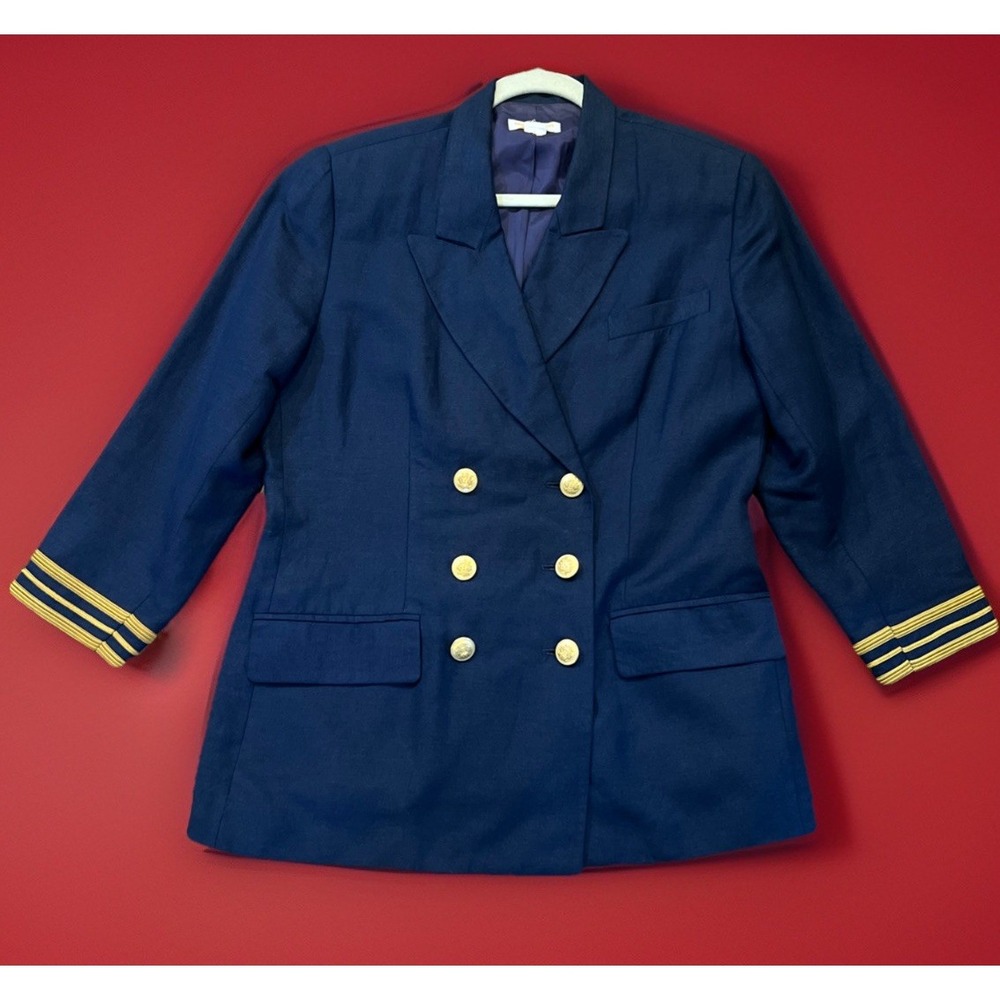 VTG Brooks Brothers Double Breasted Linen Nautical Blue Blazer Size 10 - Picture 2 of 11